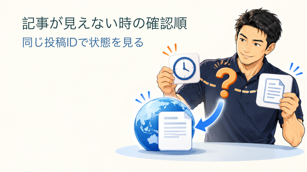 記事が見えない時の確認順／同じ投稿IDで状態を見る。記事の趣旨を表した生成イメージ