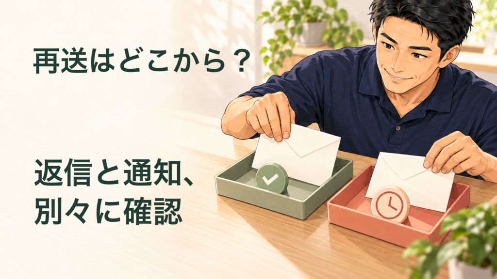 匿名の案内役が2通の無地封筒を別々のトレーへ置き、返信と担当者通知を分けて確認する説明用の生成イラスト。文字「返信と通知、別々に確認」「再送はどこから？」。実際のメール画面や配信成功の証拠ではありません。