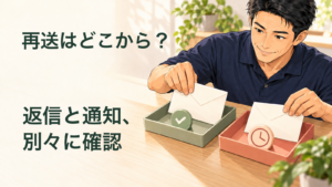 匿名の案内役が2通の無地封筒を別々のトレーへ置き、返信と担当者通知を分けて確認する説明用の生成イラスト。文字「返信と通知、別々に確認」「再送はどこから？」。実際のメール画面や配信成功の証拠ではありません。