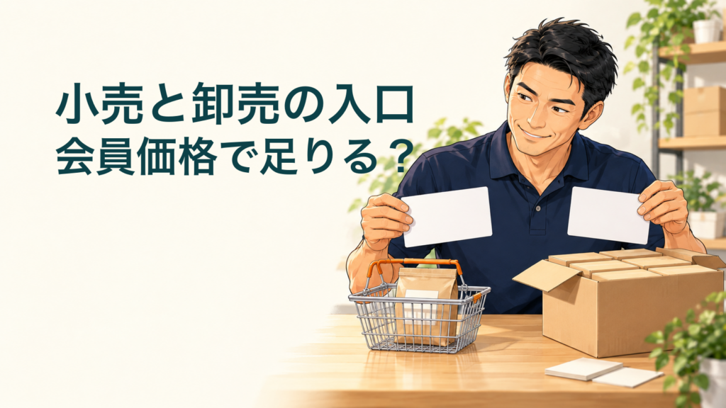匿名の案内役が小売の買い物かごと卸売の箱を前に、二枚の無地カードを比べる生成イラスト。文字「小売と卸売の入口」「会員価格で足りる？」。実際のサービス画面ではありません。