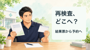 再検査、／どこへ？／結果票から予約へ。記事の趣旨を表した生成イメージ