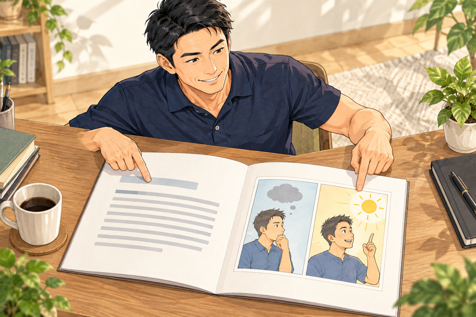匿名の案内役が、本文と判断の変化を描く漫画を別々に指す説明用イラスト