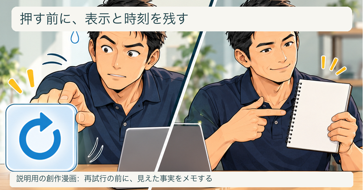 作り直しを急ぐ前に立ち止まり、画面の表示をメモする匿名の案内役の説明漫画