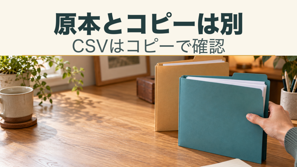 原本とコピーは別／CSVはコピーで確認。記事の趣旨を表した生成イメージ