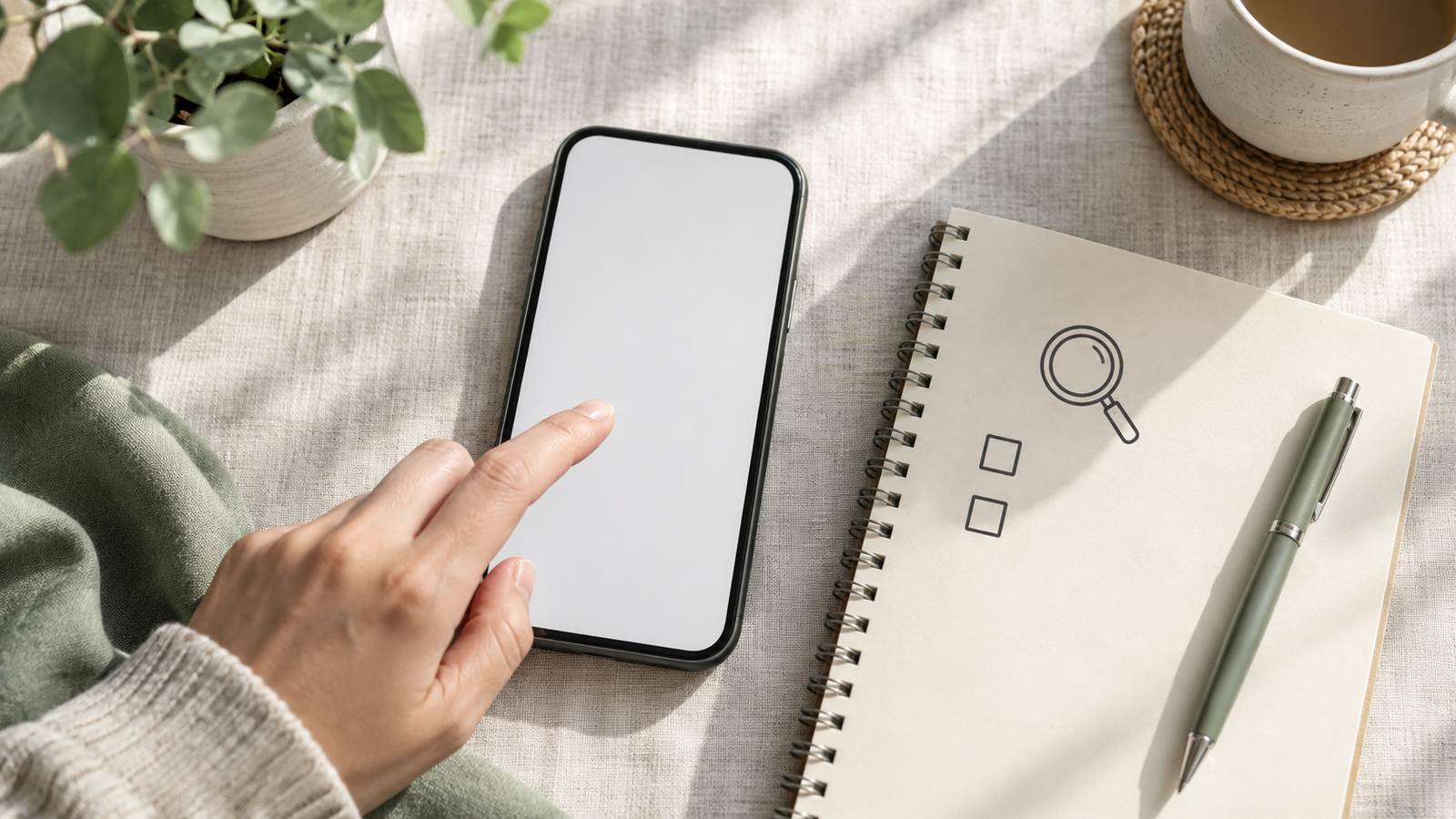 スマホと確認用メモを並べてアカウントや現在の表示を整理する写真風イメージ