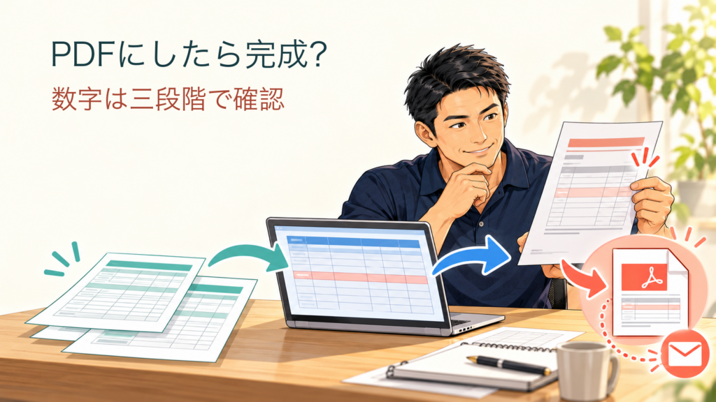 PDFにしたら完成？／数字は三段階で確認。記事の趣旨を表した生成イメージ