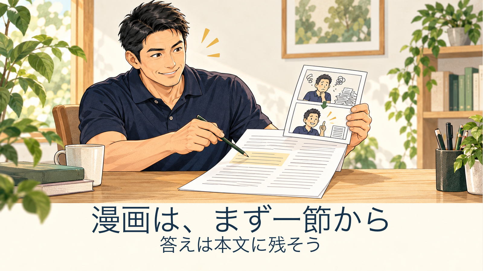 漫画は、まず一節から／答えは本文に残そう。記事の趣旨を表した生成イメージ