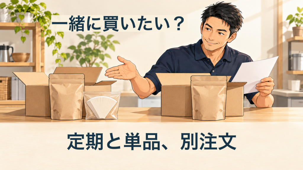 2つの開いた箱を分けて置き、無地のコーヒー袋とフィルターを匿名の案内役が確認する説明用の生成イラスト。文字「定期と単品、別注文」「一緒に買いたい？」。実店舗や実商品の写真ではありません。