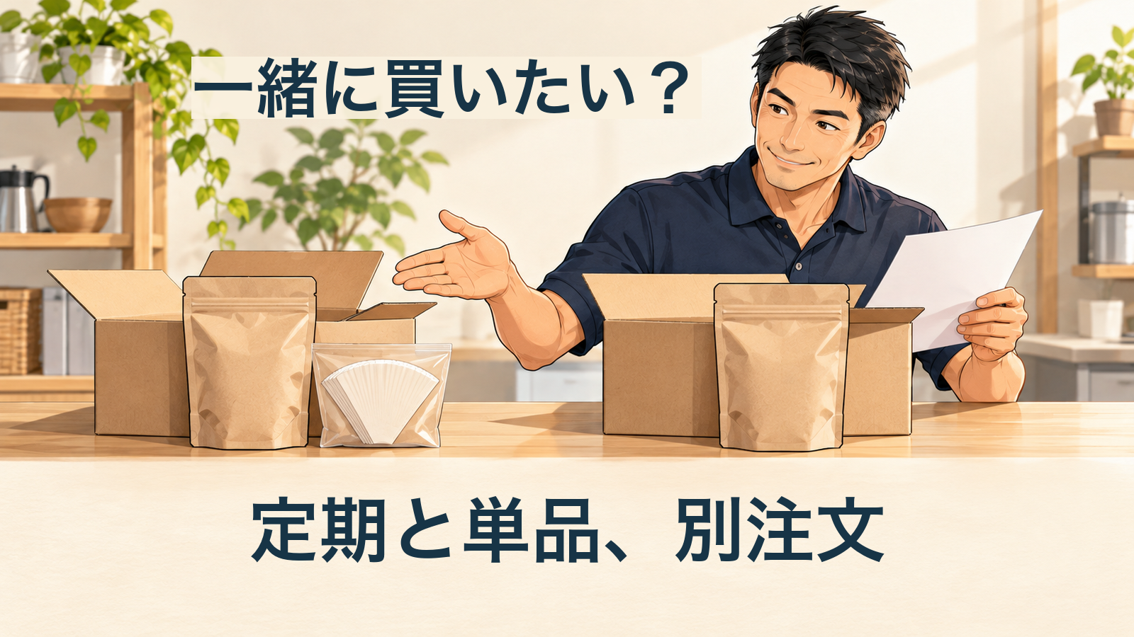 2つの開いた箱を分けて置き、無地のコーヒー袋とフィルターを匿名の案内役が確認する説明用の生成イラスト。文字「定期と単品、別注文」「一緒に買いたい?」。実店舗や実商品の写真ではありません。
