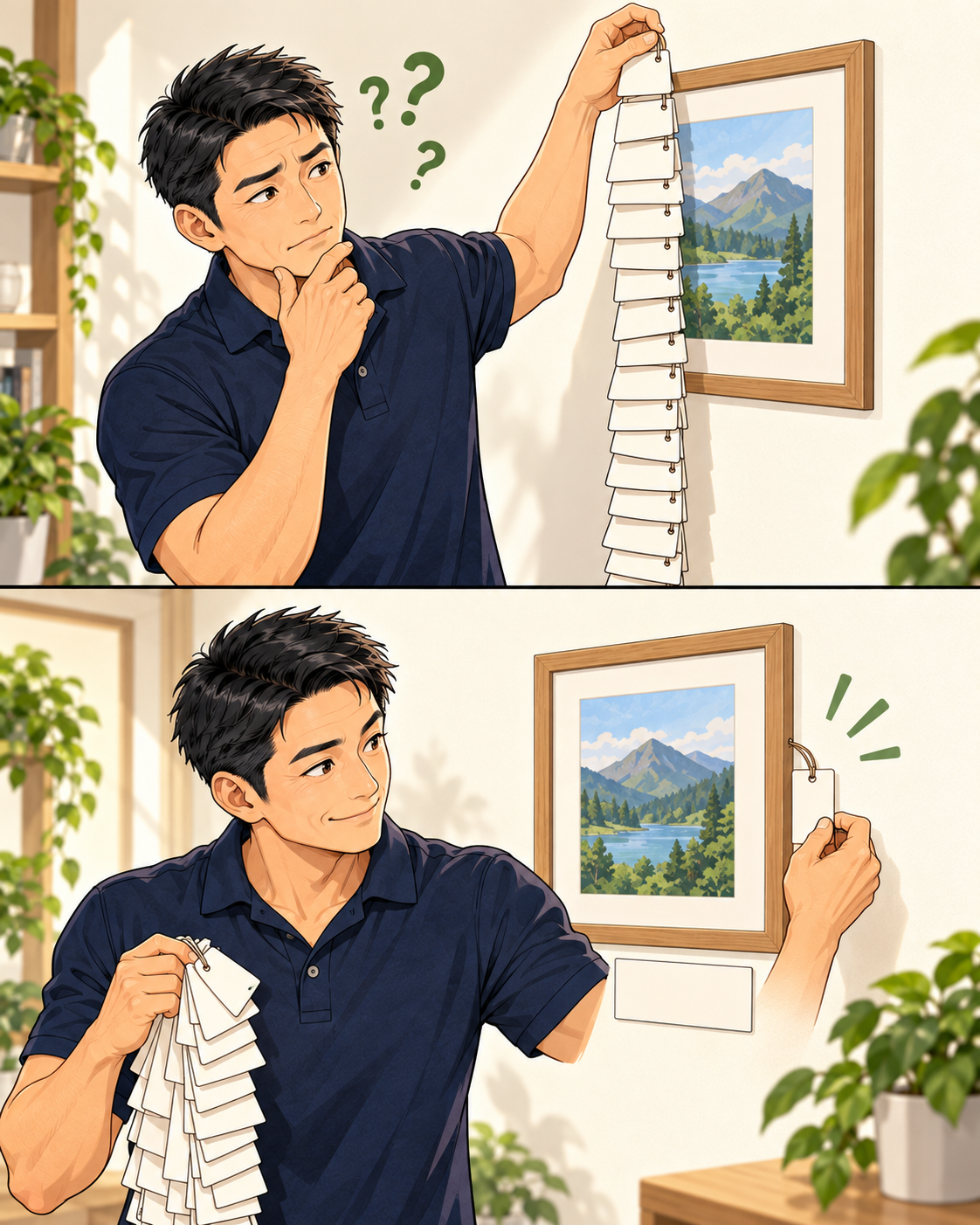 長いタグの束を、小さな識別用タグと画像下の説明へ分ける二コマの説明用漫画