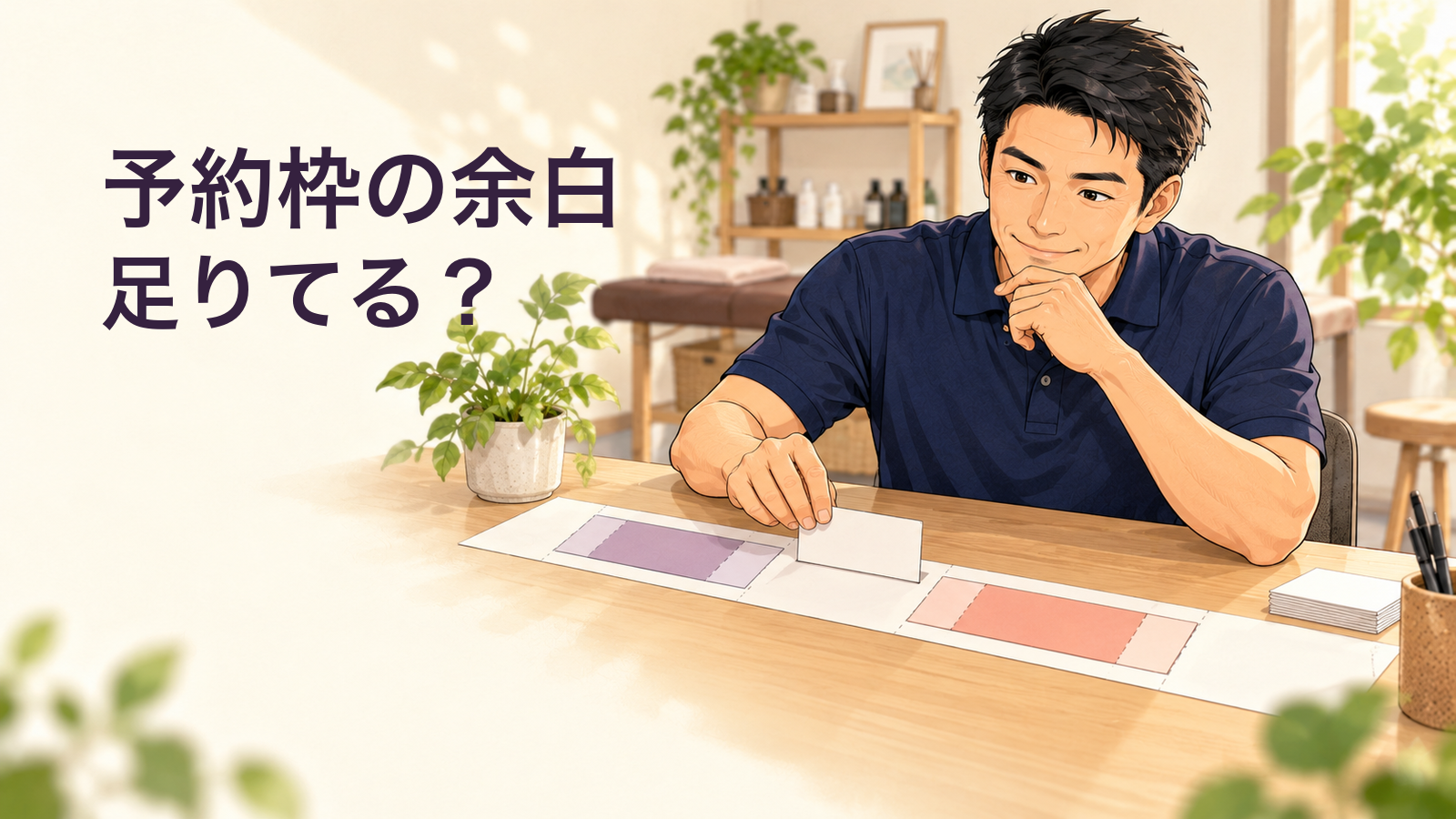 予約の時間帯を表す2つの紙ブロックの間へカードを置いて余白を確認する匿名の案内役の説明用生成イラスト。文字「予約枠の余白」「足りてる?」。実店舗や製品画面ではありません。