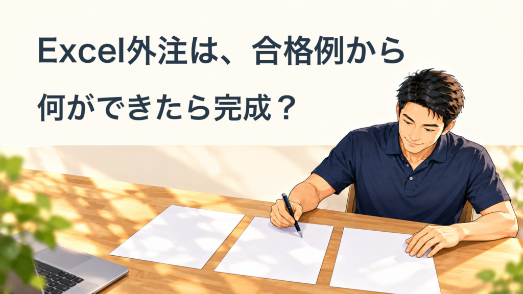 匿名の案内役がペンで3枚の白紙を見比べ、Excelマクロ外注前に完成条件をそろえる説明用の生成イラスト。文字「Excel外注は、合格例から」「何ができたら完成？」。実際の納品物やサービス画面ではありません。