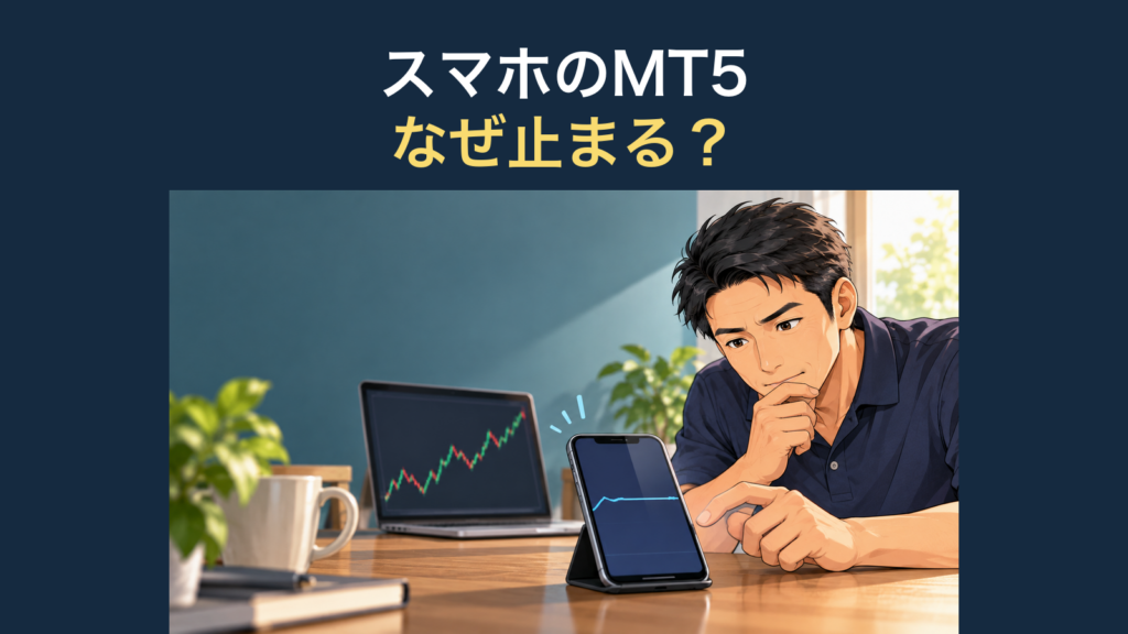 匿名案内役がスマホとPCの概念的なチャートを見比べる生成イラスト。画像内文字は「スマホのMT5／なぜ止まる？」。