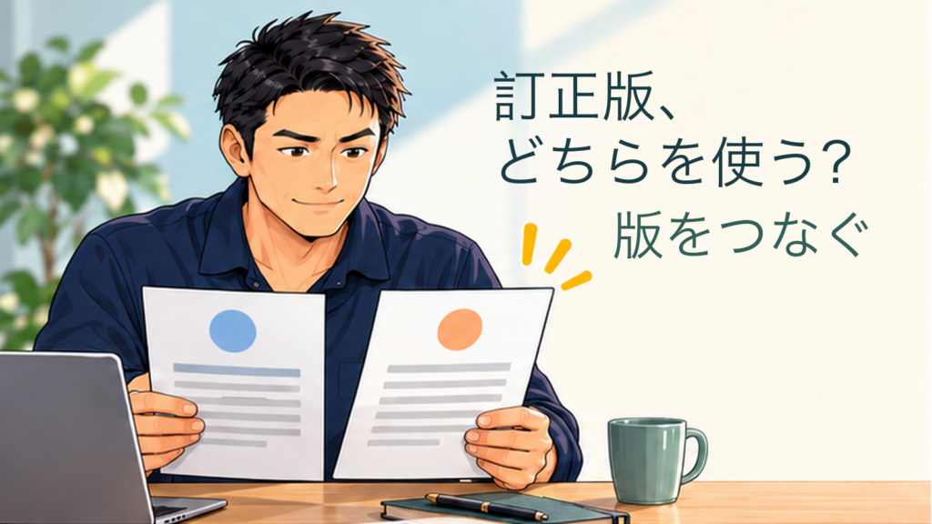 訂正版、／どちらを使う？／版をつなぐ。記事の趣旨を表した生成イメージ