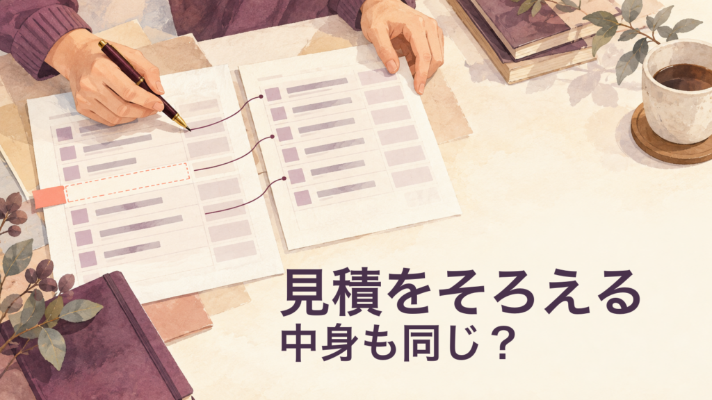 匿名の手元が2枚の見積書の対応する行をそろえ、一方の抜けた行を朱色で示す説明用の生成イラスト。画像内文字は「見積をそろえる」「中身も同じ？」。実在の見積書やサービス画面ではありません。