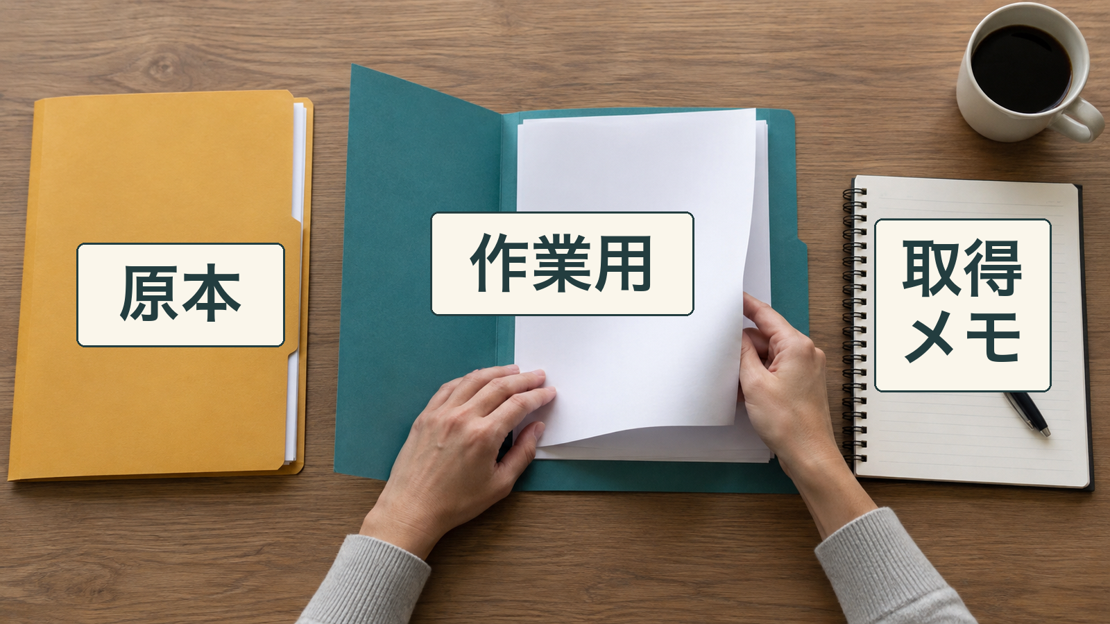 書き出した原本、確認用コピー、取得条件のメモを分けて置く保存方法
