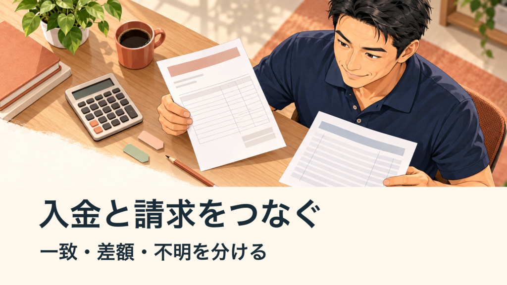 入金と請求をつなぐ／一致・差額・不明を分ける。記事の趣旨を表した生成イメージ