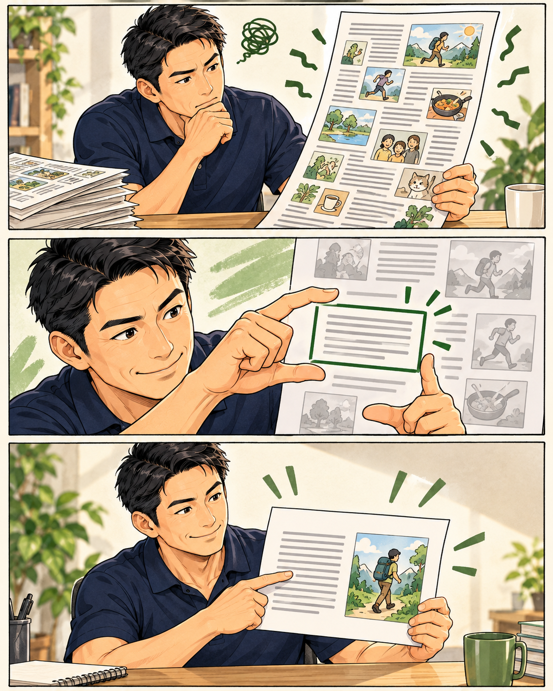 画像の多い紙面から一節を選び、絵と本文を並べる三コマの説明用漫画