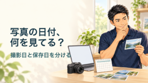 写真の日付、／何を見てる？／撮影日と保存日を分ける。記事の趣旨を表した生成イメージ