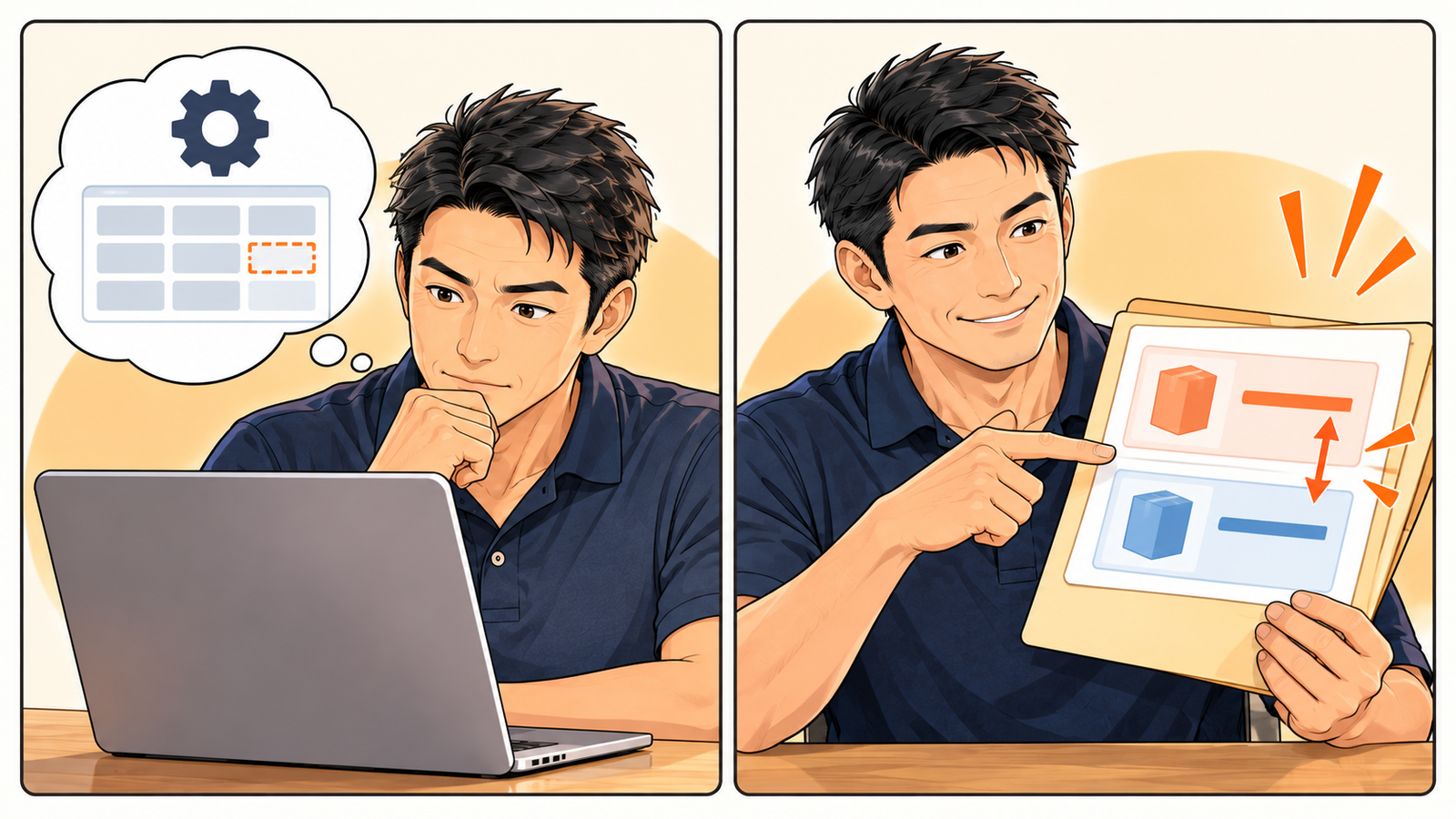 設定欄を探す場面と履歴データへ目を移す場面の二コマ漫画