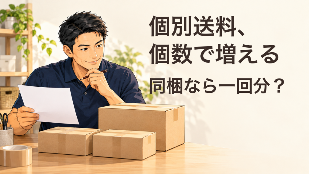 無記入の紙と三つの箱を確認する匿名案内役の生成イラスト。文字「個別送料、個数で増える」「同梱なら一回分？」。