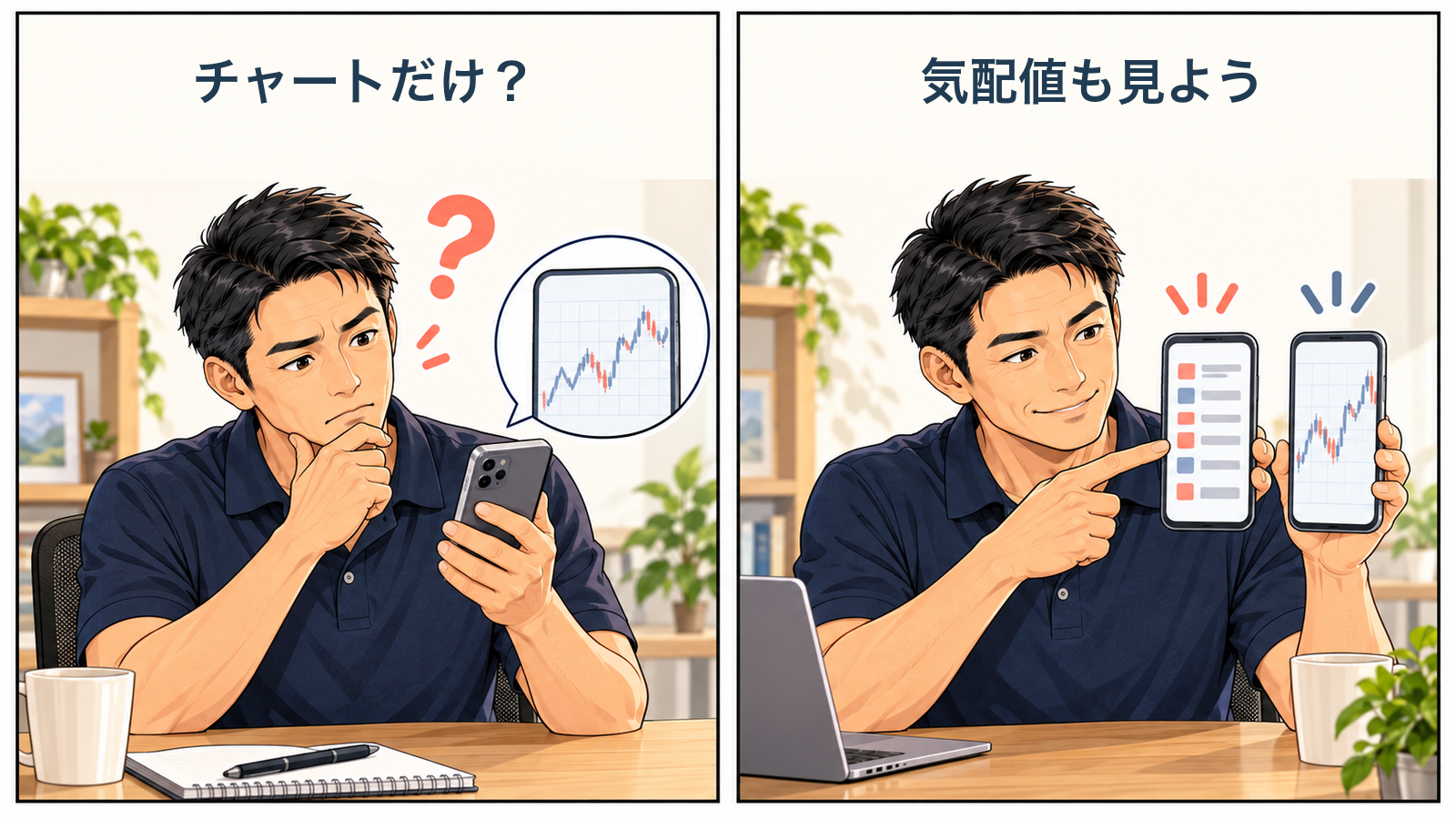 チャートだけを見る案内役が、気配値も開いて見比べる二場面の漫画