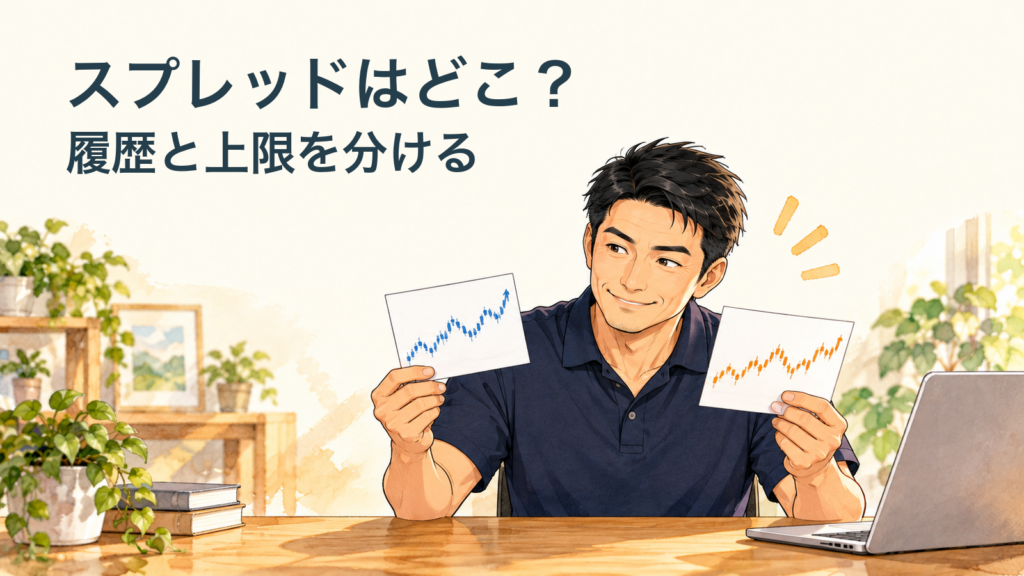 匿名案内役が二つの概念的価格カードを比べる生成イラスト。画像内文字は「スプレッドはどこ？／履歴と上限を分ける」。