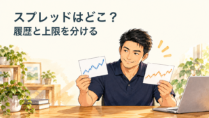 匿名案内役が二つの概念的価格カードを比べる生成イラスト。画像内文字は「スプレッドはどこ？／履歴と上限を分ける」。