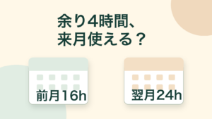 二枚のカレンダーを離して置いた説明用の独自図解。文字「余り4時間、来月使える？」「前月16h」「翌月24h」。前月と翌月の時間予算を分ける仮定例であり、実物画面や利用実績ではありません。
