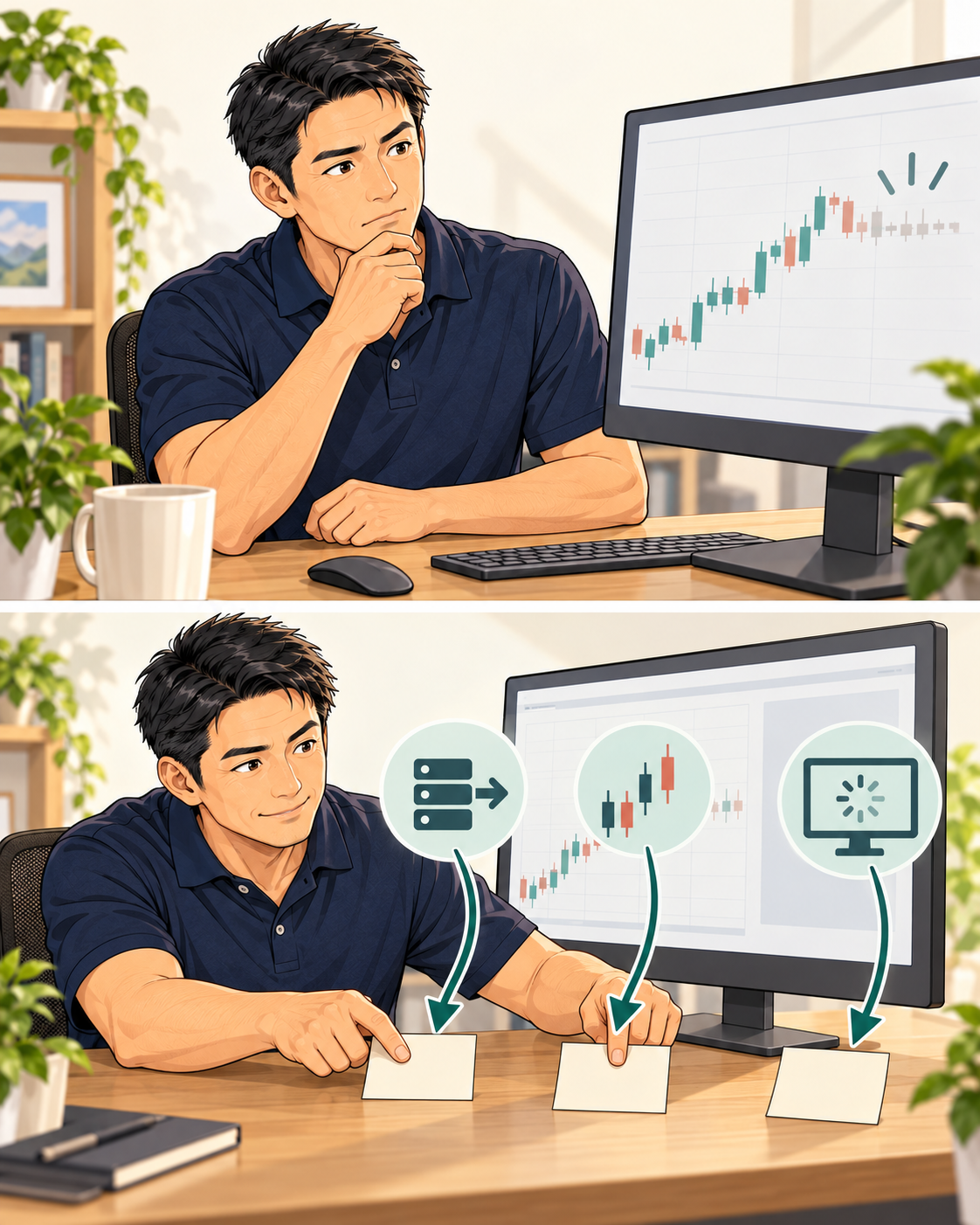 匿名の案内役が画面を眺めた後、受信・表示・画面反応を別々の空欄メモへ分ける二コマ。原因を決めつけず確認する入口を示す。