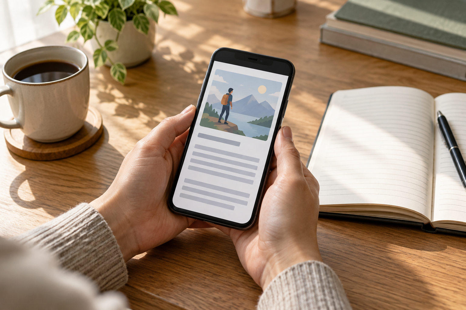 スマホ上の画像と隣接する本文を読み直す匿名の手元の生成イメージ