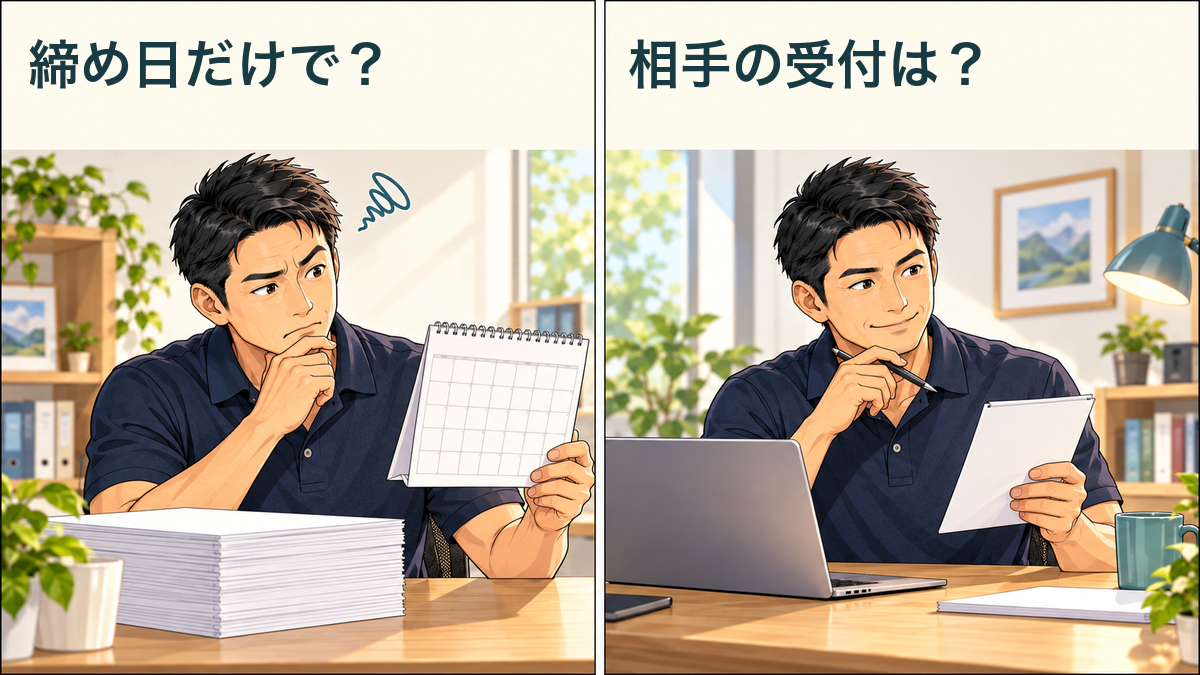 月末の集計日から、相手の受け付ける日時へ視線を移す匿名の案内役
